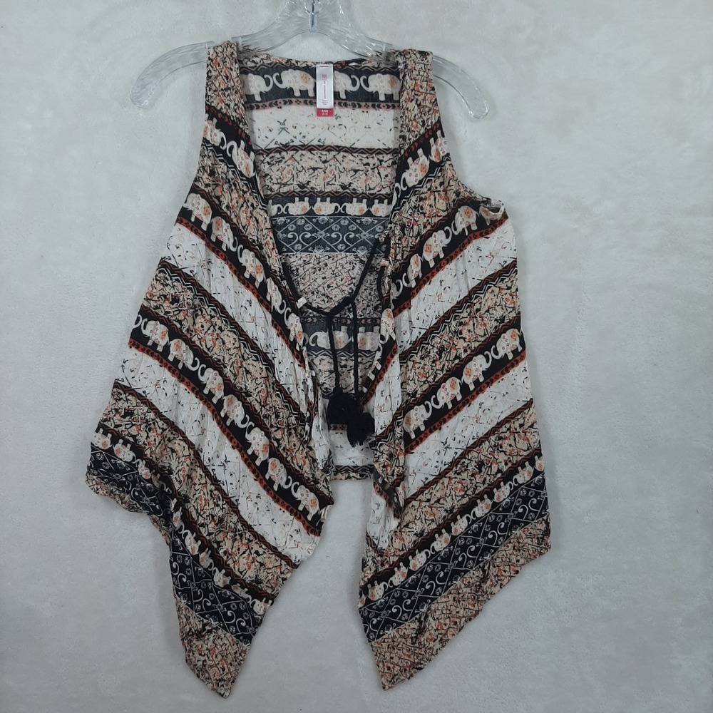 No Boundaries Elephant Print Boho Tassel‎ Tie Front Vest Taupe Black Small 3-5
